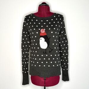Women's S Gray Shrinking Violet Holiday Winter Ice Skating Bird Penguin Sweater
